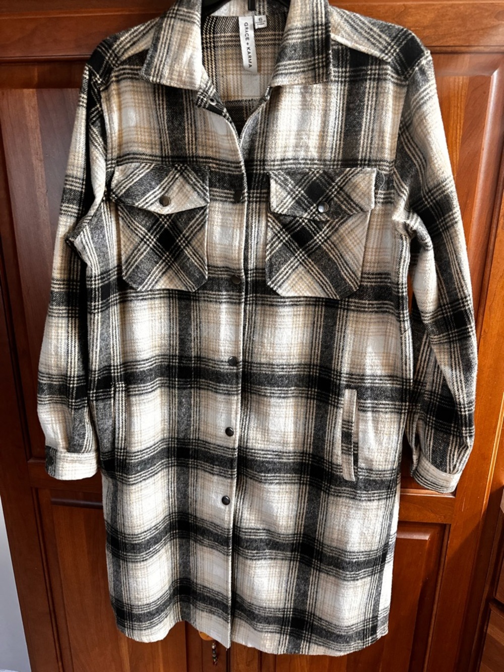 Grace and karma oversized plaid jacket long button up jacket, black white